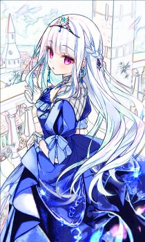 Rule 34 | 1girl, balcony, blue dress, blush, braid, breasts, cleavage cutout, clothing cutout, commentary request, dress, earrings, feet out of frame, gloves, gown, half up braid, hand on railing, highres, jewelry, linedrawing man, lize helesta, lize helesta (3rd costume), long hair, long sidelocks, looking at viewer, looking to the side, medium breasts, nijisanji, parted lips, partially colored, puffy short sleeves, puffy sleeves, purple eyes, short sleeves, sidelocks, solo, tiara, torn, turning head, twitter username, very long hair, virtual youtuber, watermark, white gloves, white hair