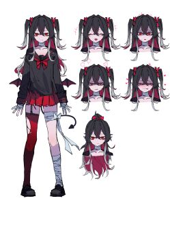 1girl absurdres alternate_hairstyle asymmetrical_legwear bandages bat_wings black_hair black_sailor_collar black_shirt bow bowtie closed_eyes closed_mouth collarbone colored_inner_hair commentary_request demon_tail expressionless frown full_body gozenjuziame hair_bow highres long_hair long_sidelocks multicolored_hair multiple_expressions multiple_views open_mouth original ponytail red_bow red_bowtie red_eyes red_hair red_skirt red_thighhighs reference_sheet sailor_collar shirt sidelocks skirt smile tail thighhighs tongue tongue_out torn_clothes torn_skirt torn_thighhighs two_side_up wings