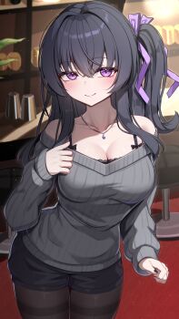 1girl absurdres akuame_(ring3922) bar_(place) bar_stool bare_shoulders black_bra black_hair black_nails black_pantyhose black_shorts blush bra breasts brown_pantyhose cleavage closed_mouth collarbone commentary_request commission cup grey_sweater hair_ribbon highres indoors jewelry large_breasts light_particles long_hair long_sleeves looking_at_viewer mole mole_under_eye nail_polish necklace off-shoulder_sweater off_shoulder one_side_up original pantyhose pantyhose_under_shorts purple_eyes purple_ribbon ribbon short_shorts shorts skeb_commission smile solo stool sweater thighband_pantyhose underwear