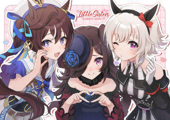 3girls anbutter_siruko aqua_nails aqua_ribbon bare_shoulders black_dress black_hairband blue_bow blue_bowtie blue_dress blue_flower blue_hat blue_ribbon blue_rose bow bowtie brown_hair closed_mouth clothing_cutout collarbone commentary_request curren_chan_(fille_eclair)_(umamusume) curren_chan_(umamusume) dress ear_ornament ears_down english_text flower four-finger_heart_hands gloves grid_background hair_ribbon hairband hat hat_flower heart heart_hands highres horse_girl long_hair long_sleeves looking_at_viewer multicolored_hair multiple_girls one_eye_closed pink_background puckered_lips purple_eyes ribbon rice_shower_(rosy_dreams)_(umamusume) rice_shower_(umamusume) rose sailor_collar sailor_shirt shirt short_hair shoulder_cutout skirt smile streaked_hair striped_clothes striped_dress trait_connection twintails twitter_username two-tone_dress umamusume vivlos_(umamusume) vivlos_(voyage_etincelant)_(umamusume) white_dress white_gloves white_hair white_hat white_shirt white_skirt