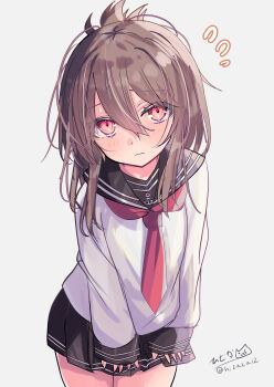 1girl absurdres black_sailor_collar black_skirt blush brown_eyes brown_hair commentary cowboy_shot folded_ponytail highres hizaka inazuma_(kancolle) kantai_collection long_hair long_sleeves neckerchief pleated_skirt red_neckerchief sailor_collar school_uniform serafuku shirt signature skirt smile solo white_background white_shirt