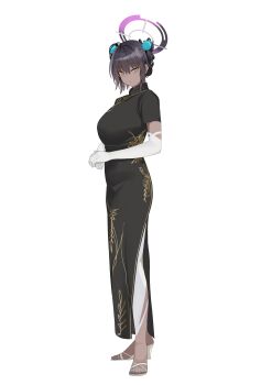 1girl absurdres black_dress black_hair blue_archive blue_nails blush breasts china_dress chinese_clothes double_bun dress elbow_gloves feet gloves hair_between_eyes hair_bun halo high_heels highres karin_(blue_archive) large_breasts legs light_blush long_hair looking_at_viewer nail_polish purple_halo shoes short_sleeves solo tnr_(horiko1525) white_shoes yellow_eyes