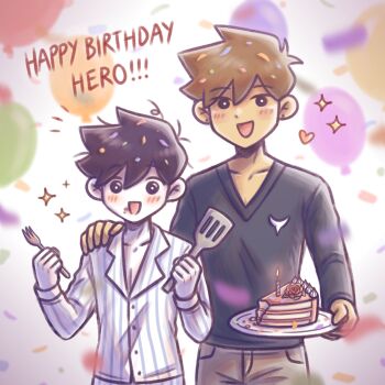 2boys absurdres antenna_hair balloon black_eyes blue_sweater blush brown_hair brown_pants cake cake_slice candle character_name collarbone colored_skin commentary dark-skinned_male dark_skin double-parted_bangs ear_piercing english_commentary food fork hair_between_eyes happy_birthday hero_(faraway)_(omori) hero_(headspace)_(omori) hero_(omori) highres holding holding_fork holding_plate holding_spatula long_sleeves looking_at_viewer male_focus multiple_boys omori open_mouth pants piercing plate purple_eyes purple_hair setosexual short_hair smile spatula sweater white_skin
