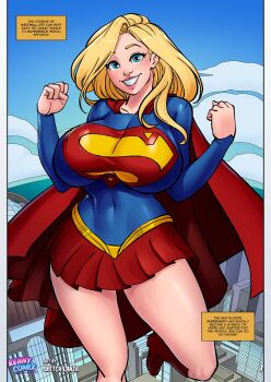 1girl artist_logo artist_name blonde_hair blue_eyes blue_shirt breasts building cape city clenched_hands covered_navel day dc_comics dialogue_box english_text flying grin highres kennycomix large_breasts logo logo_print long_hair looking_at_viewer outdoors pleated_skirt print_shirt red_cape red_skirt shirt sketch_lanza skirt skyscraper smile supergirl superman_(series) superman_logo