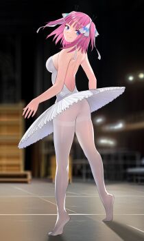 1girl ass athletic_leotard back blue_eyes breasts butterfly_hair_ornament closed_mouth commentary_request from_behind full_body go-toubun_no_hanayome hair_ornament highres indoors kosmos_beta leotard nakano_nino no_panties pantyhose ribbon shadow skirt smile solo standing thighband_pantyhose variant_set white_leotard white_pantyhose white_skirt