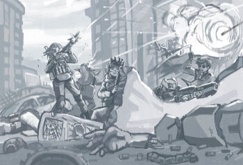 1boy 6+girls arm_up battle character_request check_character collared_shirt commander_(nikke) commentary english_commentary explosion firing full_body gloves goddess_of_victory:_nikke greyscale gun helmet highres holding holding_gun holding_weapon idoll_flower_(nikke) idoll_ocean_(nikke) load_bearing_vest long_hair mass-produced_nikke monochrome multiple_girls necktie night_vision_device no_headwear open_mouth outdoors product_12_(nikke) ruins severed_limb shell_casing shirt sidelocks soldier_eg_(nikke) soldier_ow_(nikke) stas_(wwy) sunglasses tactical_clothes teeth weapon