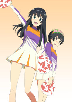 2girls :d arm_up black_hair blue_eyes blush breasts brown_eyes cheerleader commentary dot_nose dress embarrassed feet_out_of_frame flower flower_hairband flower_hairpin gradient_background hair_flower hair_ornament hairband hand_on_own_hip holding holding_pom_poms jack-barro leaf light_blush long_hair long_sidelocks long_sleeves looking_at_viewer medium_breasts multicolored_dress multiple_girls official_alternate_costume open_mouth orange_background pink_flower pleated_dress pom_pom_(cheerleading) pom_poms saten_ruiko short_dress short_hair sidelocks small_breasts smile standing teeth thighs toaru_kagaku_no_railgun toaru_majutsu_no_index toaru_majutsu_no_virtual-on tongue uiharu_kazari upper_teeth_only virtual_on wavy_mouth white_flower