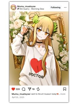 1girl :d arknights arm_up arrow_(symbol) bare_shoulders beamed_eighth_notes black_choker blonde_hair blouse breasts choker clothes_writing collarbone collarbone_tattoo commentary_request dated elf english_text fake_screenshot flower grin hair_lift heart highres instagram long_hair long_sleeves looking_at_viewer manli medium_breasts muelsyse_(arknights) musical_note off_shoulder open_mouth picture_frame pointy_ears rose shirt sidelocks smile solo split_mouth tattoo user_interface white_flower white_rose white_shirt yellow_eyes