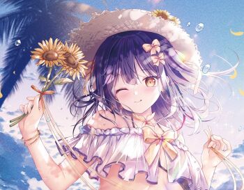 Rule 34 | 1girl, bare shoulders, bikini, blush, bow, brown eyes, brown hat, closed mouth, commentary request, flower, hair between eyes, hands up, hat, holding, holding flower, long hair, looking at viewer, nanami yuuno, one eye closed, palm tree, petals, purple hair, see-through clothes, solo, sousouman, straw hat, sunflower, swimsuit, tongue, tongue out, tree, twinbox school, upper body, water drop, white bikini, yellow bow, yellow flower