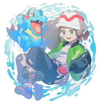 Rule 34 | 1girl, :d, absurdres, arm up, belt, blue shoes, brown belt, brown eyes, brown hair, commentary request, donguri dp, eyelashes, gen 2 pokemon, green jacket, hand on headwear, happy, harmony (pokemon), hat, highres, holding, holding poke ball, jacket, long sleeves, nintendo, open clothes, open jacket, open mouth, pants, poke ball, poke ball (basic), pokemon, pokemon (creature), pokemon legends: z-a, shirt, shoes, smile, socks, teeth, totodile, upper teeth only, white hat, white shirt