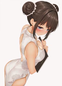 Rule 34 | 1girl, back cutout, bare shoulders, blue eyes, blush, breasts, brown hair, china dress, chinese clothes, cleavage, cleavage cutout, closed mouth, clothing cutout, commentary request, double bun, dress, floral print, floral print dress, from above, from side, gold trim, hair bun, hands up, highres, holding, holding menu, large variant set, looking at viewer, looking to the side, menu, minato ojitan, original, pelvic curtain, print dress, simple background, sleeveless, sleeveless dress, solo, tan, tanline, variant set, white background