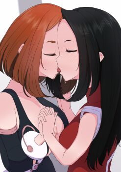 Rule 34 | 2girls, absurdres, black bodysuit, black hair, blush, bodysuit, boku no hero academia, breasts, brown hair, center opening, cleavage, closed eyes, hair down, highres, hiiragi shouichi, holding hands, interlocked fingers, kiss, large breasts, leotard, long sleeves, multiple girls, poorly drawn, red leotard, saliva, short hair, tongue, tongue out, uraraka ochako, yaoyorozu momo, yuri