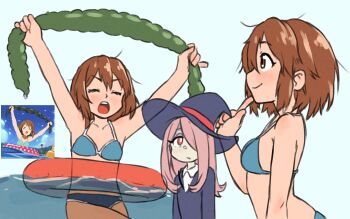 2girls arms_up beachepisode bikini black_hat blue_background blue_bikini brown_eyes brown_hair closed_eyes closed_mouth collarbone commentary double-parted_bangs english_commentary hair_between_eyes hair_over_one_eye hat highres hirasawa_yui index_finger_raised innertube k-on! little_witch_academia long_hair long_sleeves looking_at_another luna_nova_school_uniform multiple_girls open_mouth pink_hair red_eyes reference_inset school_uniform short_hair simple_background sucy_manbavaran swim_ring swimsuit teeth tongue transparent_innertube upper_teeth_only witch_hat