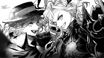 2boys armor artist_name collared_jacket collared_shirt copyright_notice cross-shaped_pupils dual_persona edmond_dantes_(fate) english_text fangs fate/grand_order fate_(series) fedora goshiko86g greyscale grin hat high_collar highres jacket looking_at_viewer male_focus medium_hair monochrome multiple_boys open_mouth shirt smile symbol-shaped_pupils teeth the_count_of_monte_cristo_(fate) upper_body white_shirt