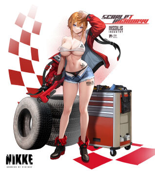 1girl absurdres adjustable_wrench arm_up armpits bare_legs bare_shoulders black_choker blonde_hair blue_eyes boots breasts choker cleavage closed_mouth crop_top denim denim_shorts dramz goddess_of_victory:_nikke high_heels highres jacket large_breasts maxwell_(nikke) midriff navel open_clothes open_fly open_jacket open_shorts short_hair shorts sidelocks single_bare_shoulder smile solo sports_bra thighs tools unzipped wheel white_sports_bra wrench