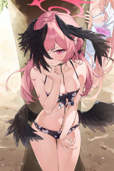 2girls absurdres alternate_breast_size bare_arms bare_shoulders behind_tree bikini black_bikini black_wings blue_archive blush breasts cleavage closed_mouth collarbone feathered_wings hair_between_eyes halo hanako_(blue_archive) hanako_(swimsuit)_(blue_archive) highres jjjsss koharu_(blue_archive) koharu_(swimsuit)_(blue_archive) long_hair looking_at_viewer medium_breasts multiple_girls one_eye_covered outdoors pink_eyes pink_hair pink_halo pointy_ears sand solo_focus sweatdrop swimsuit tree wings