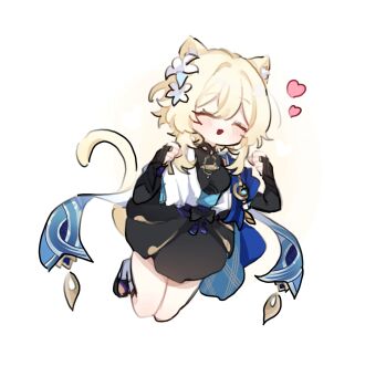 1girl animal_ears armor black_bodysuit black_bow black_bridal_gauntlets black_sandals black_skirt blonde_hair blue_cape blue_flower blue_gemstone blue_kimono blue_sleeves blush bodysuit bow breasts bridal_gauntlets cape cat_ears cat_girl cat_tail clenched_hands closed_eyes cosplay eyelashes feathers flower full_body furisode gem genshin_impact gold gold_ring hair_between_eyes hair_flower hair_ornament hands_up heart highres japanese_armor japanese_clothes juban kimono kote kurokote layered_sleeves leg_warmers lumine_(genshin_impact) mandarin_collar medium_breasts middle_ring multicolored_flower open_clothes open_kimono open_mouth pleated_skirt pom_pom_(clothes) sandals scaramouche_(genshin_impact) short_hair short_hair_with_long_locks short_sleeves sidelocks skirt solo tail vision_(genshin_impact) wanderer_(genshin_impact) wanderer_(genshin_impact)_(cosplay) white_background white_flower white_kimono white_leg_warmers white_sleeves wonla8 yellow_feathers zouri