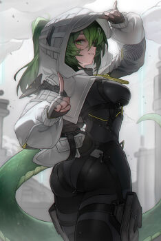 1girl absurdres arknights arknights:_endfield arm_up ass bilingual_commentary black_bodysuit bodysuit breasts commentary english_commentary fingerless_gloves fingernails fluorite_(arknights) from_behind gloves green_eyes green_hair hair_through_hood hand_up highres hood hooded_shrug index_finger_raised kooring long_hair looking_at_viewer looking_back medium_breasts mixed-language_commentary parted_lips ponytail shrug_(clothing) smile snake_tail solo tail twisted_torso white_gloves white_shrug