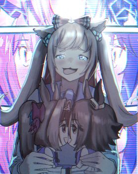 3girls agnes_digital_(umamusume) animal_ears blue_eyes blush bow brown_eyes brown_hair commentary daiwa_scarlet_(umamusume) desuuuu doll english_commentary hair_bow highres holding holding_doll horse_ears horse_girl long_hair multiple_girls open_mouth purple_sailor_collar purple_shirt red_bow red_eyes sailor_collar school_uniform shirt short_hair skirt tongue tongue_out tracen_school_uniform two_side_up umamusume vodka_(umamusume) white_skirt yuri