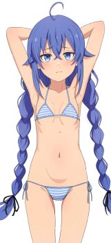 1girl absurdres ahoge arms_behind_head bikini black_ribbon blue_eyes blue_hair braid breasts closed_mouth cowboy_shot crossed_bangs furrowed_brow hair_between_eyes hair_ribbon highres loli long_braid long_hair looking_at_viewer low_twin_braids micro_bikini mushoku_tensei na-suke navel ribbon roxy_migurdia side-tie_bikini_bottom simple_background small_breasts solo split_mouth standing stomach straight-on string_bikini striped_bikini striped_clothes swimsuit twin_braids very_long_hair white_background