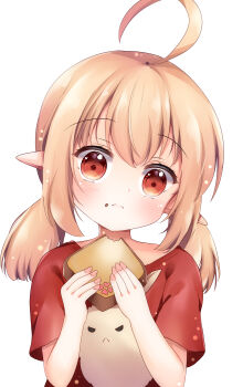 1girl absurdres ahoge alternate_costume blonde_hair blush bread bread_slice closed_mouth commentary dodoco_(genshin_impact) fingernails food food_on_face frown genshin_impact grandapple71 hair_between_eyes hands_up highres holding_bread klee_(genshin_impact) long_hair looking_at_viewer pointy_ears red_eyes red_shirt shirt short_sleeves sidelocks simple_background solo toast upper_body white_background