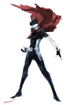 1boy artist_name black_bodysuit black_gloves black_hair bodysuit cape clenched_hand commentary covered_mouth fingerless_gloves floating_cape forehead_protector full_body gloves highres legs_apart male_focus marvel naratani one_eye_in_shadow painterly red_cape signature simple_background solo spiked_hair standing torn_cape torn_clothes white_background wiccan