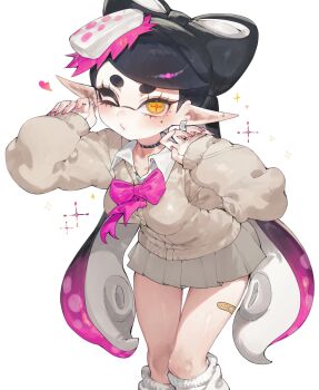 Rule 34 | 1girl, bandaid on thigh, black choker, black hair, bow, bow-shaped hair, bowtie, breasts, brown cardigan, callie (splatoon), cardigan, choker, closed mouth, collared shirt, commentary request, cross-shaped pupils, earrings, gradient hair, grey skirt, hands up, highres, inkling, jewelry, long hair, long pointy ears, long sleeves, looking at viewer, medium breasts, mole, mole under eye, multicolored hair, nail polish, nintendo, one eye closed, orange pupils, pink bow, pink bowtie, pink hair, pink nails, pleated skirt, pointy ears, pursed lips, school uniform, shirt, short eyebrows, simple background, skirt, sleeves past wrists, socks, solo, splatoon (series), symbol-shaped pupils, tentacle hair, thick eyebrows, togetoge, twintails, very long hair, white background, white shirt, white socks, yellow eyes