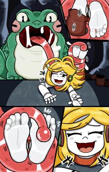 1girl absurdres barefoot curly_brace doukutsu_monogatari feet frog highres licking licking_foot mintytoid robot robot_girl shoe_removal soles tickling