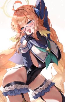 1girl :p absurdres ahoge aqua_neckerchief arm_behind_head black_garter_straps black_gloves black_leotard blue-framed_eyewear blue_archive blush braid breasts commentary_request feather_hair frilled_thigh_strap garter_straps glasses gloves gradient_background grey_background half_gloves halo highleg highleg_leotard highres large_breasts leotard long_hair looking_at_viewer neckerchief nekoplanetouo official_alternate_costume open_mouth orange_hair sailor_collar saliva shimiko_(blue_archive) shimiko_(magical)_(blue_archive) shrug_(clothing) sideboob simple_background solo thigh_strap thighs tongue tongue_out twin_braids very_long_hair white_background yellow_halo