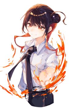 Rule 34 | 1girl, absurdres, black hair, black necktie, breasts, chinese commentary, closed mouth, collared shirt, commentary request, fire, hair bun, highres, love live!, love live! superstar!!, moben, multicolored hair, necktie, offering hand, official alternate costume, open hand, real life, red eyes, red hair, shirt, short hair with long locks, simple background, single hair bun, sky linker (love live!), smile, solo, two-tone hair, voice actor, white background, white shirt, wing collar, yabushima akane