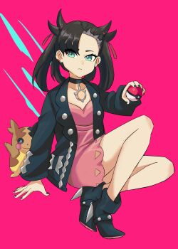1girl absurdres alula456 asymmetrical_bangs black_boots black_choker black_hair black_jacket black_nails boots choker closed_mouth dress ear_piercing expressionless gen_8_pokemon green_eyes highres holding holding_poke_ball jacket marnie_(pokemon) morpeko morpeko_(full) nintendo piercing pink_dress poke_ball poke_ball_(basic) pokemon pokemon_(creature) pokemon_swsh purple_background simple_background sitting undercut