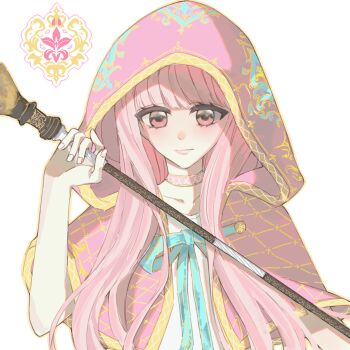 1girl argyle_cloak argyle_clothes blue_bow blue_bowtie blunt_bangs bow bowtie brown_eyes chenlanbulan_slan chinese_commentary choker cloak closed_mouth collarbone commentary_request crest eyelashes fingernails hair_half_over_shoulder highres holding holding_staff hood hood_up hooded_cloak infinity_nikki light_blush light_smile lips long_hair nikki_(nikki) nikki_(series) pink_choker pink_cloak pink_hair pink_lips shirt simple_background solo staff upper_body white_background white_shirt