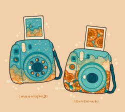 Rule 34 | brown background, camera, constellation, crescent moon, emily kim, flower, limited palette, moon, no humans, original, pastel colors, polaroid, polaroid camera, simple background, sparkle, sunflower, tree, twitter username