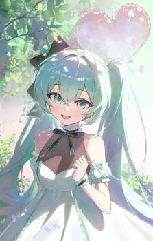 1girl absurdres aqua_eyes aqua_hair balloon bare_shoulders black_bow bon_(bony_53) bow branch choker detached_sleeves dress frilled_choker frilled_cuffs frilled_dress frilled_sleeves frills hair_between_eyes hair_bow hair_intakes halter_dress halterneck hashtag-only_commentary hatsune_miku heart_balloon highres holding holding_balloon long_hair looking_at_viewer nature open_mouth outdoors puffy_short_sleeves puffy_sleeves short_sleeves sidelocks smile solo standing teeth tree twintails upper_body upper_teeth_only very_long_hair vocaloid white_choker white_dress white_sleeves white_wrist_cuffs wrist_cuffs