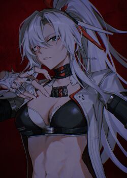 1girl absurdres alpha:_crimson_weave_(pgr) alpha_(pgr) asymmetrical_bangs black_bra bra breasts commentary dog_tags grey_eyes grey_hair grey_jacket grin heterochromia highres jacket long_hair open_clothes open_jacket ponytail punishing:_gray_raven red_eyes signature smile solo sports_bra symbol-only_commentary takamatu_hajime underwear very_long_hair white_hair