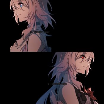 2girls black_background chinese_commentary choker collar dual_persona evernight_(honkai:_star_rail) flower from_side hair_between_eyes highres honkai:_star_rail honkai_(series) light_smile lofter_username long_hair march_7th_(honkai:_star_rail) march_7th_(preservation)_(honkai:_star_rail) medium_hair multicolored_eyes multiple_girls pink_hair red_eyes shirt two-tone_eyes very_long_hair yikuaiweihuabing_wafer