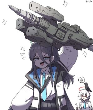 2girls absurdly_long_hair aris_(blue_archive) armored_core armored_core_vi:_fires_of_rubicon bird blue_eyes blue_halo breasts crow halo highres jacket jitome kai_xin long_hair medium_hair multiple_girls necktie open_clothes open_jacket open_mouth pile_bunker pleated_skirt red_halo signature simple_background skirt smile sparkle thumbs_up very_long_hair white_background