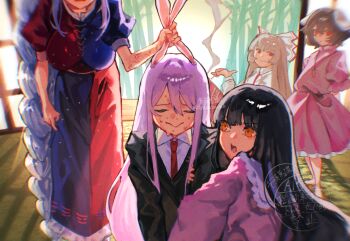 Rule 34 | 5girls, anger vein, angry, animal ears, arm hug, bamboo, black hair, blazer, blue dress, braid, breasts, chayo bababa, cigarette, closed eyes, closed mouth, commentary request, dress, floppy ears, fujiwara no mokou, grey hair, highres, holding, holding cigarette, holding ears, houraisan kaguya, inaba tewi, jacket, jewelry, large breasts, long hair, long sleeves, multiple girls, necklace, necktie, open mouth, pendant, pink dress, pink shirt, purple hair, rabbit ears, rabbit girl, red dress, red eyes, red necktie, reisen udongein inaba, shirt, single braid, smile, smoking, suspenders, sweat, touhou, two-tone dress, very long hair, watermark, white shirt, yagokoro eirin, yellow eyes