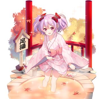 1girl autumn_leaves bath_yukata bow commentary_request flat_chest foot_bath hair_bow japanese_clothes kimono leaf mayachi_(amuriya) melo_(uchihime) onsen picnic_basket pink_kimono purple_hair red_bow red_eyes short_hair short_twintails twintails uchi_no_hime-sama_ga_ichiban_kawaii unworn_headwear waraji yukata