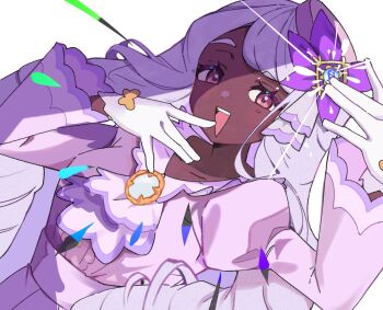 1girl arm_up ascot bow brooch chikuwa_(g9ywhbeiyy27513) dark-skinned_female dark_skin dress fascinator frilled_ascot frills gem glove_bow gloves glowing_gem hair_ornament hand_to_own_mouth hand_up highres jacinthe_(pokemon) jewelry juliet_sleeves long_hair long_sleeves looking_at_viewer low_drills mega_stone nintendo open_mouth pokemon pokemon_legends:_z-a puffy_sleeves purple_dress purple_eyes purple_hair smile solo teeth upper_body upper_teeth_only very_dark_skin white_gloves yellow_bow