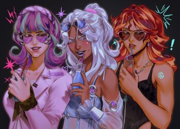 Rule 34 | !, 3girls, :d, aegyo sal, alternate skin color, bare arms, bare shoulders, behind another, black background, black bow, black bowtie, black camisole, black nails, blonde hair, blue-tinted eyewear, blue camisole, blue eyes, blue hair, blue lips, blue nails, bow, bow camisole, bowtie, breasts, brown-framed eyewear, brown-tinted eyewear, camisole, chain, chain necklace, clenched teeth, collarbone, colored eyelashes, commentary, corset, cup, curtained hair, dark-skinned female, dark skin, detached sleeves, double-parted bangs, drinking straw, drinking straw in mouth, earrings, english commentary, eyebrow piercing, eyewear on head, face piercing, fingernails, frilled sleeves, frills, fur-trimmed sleeves, fur trim, gem, glass, green gem, grey-framed eyewear, grin, hair between eyes, hair ornament, hair over shoulder, hair scrunchie, hairband, hairclip, hand up, heart, heart-shaped eyewear, highres, holding, holding cup, jacket, jewelry, kouxhii, lace, lapels, lightning bolt symbol, long sleeves, looking at viewer, medium hair, multicolored hair, multiple girls, my little pony, my little pony: equestria girls, my little pony: friendship is magic, nail polish, necklace, notched lapels, open mouth, orange lips, parallel hairclips, piercing, pink eyes, pink hairband, pink jacket, pink lips, pink scrunchie, plaid hairband, ponytail, puffy long sleeves, puffy sleeves, purple-tinted eyewear, purple gem, purple hair, realistic, red hair, red pupils, scrunchie, see-through clothes, see-through sleeves, shirt, sidelocks, silver earrings, simple background, small breasts, smile, sparkle, starlight glimmer, starlight glimmer (equestria girls), streaked hair, sunglasses, sunset shimmer, sunset shimmer (human), swept bangs, teeth, thick eyebrows, tinted eyewear, trixie lulamoon, trixie lulamoon (equestria girls), tsurime, twitter username, two-tone hair, v-shaped eyebrows, wavy hair, white bow, white corset, white eyelashes, white hair, white shirt, white sleeves