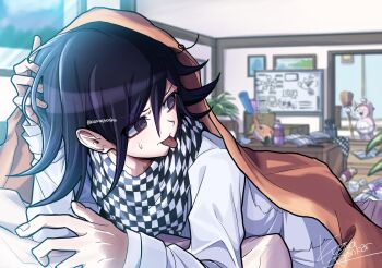 1boy annoyed black_hair blush checkered_clothes checkered_scarf commentary danganronpa_(series) danganronpa_2:_goodbye_despair danganronpa_v3:_killing_harmony flipped_hair hair_between_eyes hiding highres horse_mask indoors kujira_pyon_ka long_sleeves male_focus mask medium_hair oma_kokichi on_bed pants purple_eyes purple_hair scarf signature sweatdrop tongue tongue_out twitter_username two-tone_scarf under_covers usami_(danganronpa) whiteboard