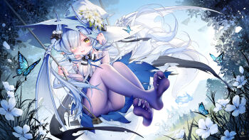 1girl absurdres bare_shoulders blue_hair bug butterfly copyright_request dragon_girl dragon_horns dragon_wings elbow_gloves feet flower full_body gloves highres horns insect long_hair looking_at_viewer no_shoes panties panties_under_pantyhose pantyhose pointy_ears soles suaynnai_wanzi thighs underwear wings yellow_eyes