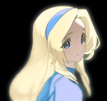 Rule 34 | 1girl, absurdres, black background, blonde hair, blue dress, blue eyes, blue hairband, blush, closed mouth, commentary, dress, drill hair, from side, guitar 00000001, hairband, highres, long hair, looking at viewer, maria robotnik, simple background, smile, solo, sonic (series), upper body