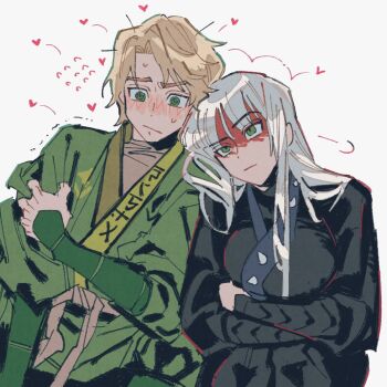 Rule 34 | 1boy, 1girl, :|, @ @, animification, armor, blonde hair, blunt bangs, blush, closed mouth, commentary request, dougi, flustered, flying sweatdrops, furrowed brow, green dougi, green eyes, grey hair, haaa om007ls, hand on own arm, harumi (ninjago), head on another's shoulder, heart, hetero, highres, japanese armor, japanese clothes, korean commentary, kote, leaning on person, lloyd garmadon, long hair, long sleeves, looking at another, ninjago, puff of air, red facepaint, simple background, sweat, trembling, upper body, white background