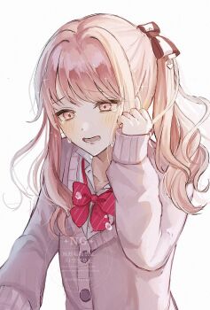 Rule 34 | 1other, akiyama mizuki, ameshi0227, backlighting, blush, bow, bowtie, buttons, cardigan, collared shirt, commentary request, crying, crying with eyes open, diagonal-striped bow, diagonal-striped bowtie, diagonal-striped clothes, hair bow, highres, long hair, long sleeves, lower teeth only, open mouth, other focus, pink eyes, pink hair, project sekai, puffy long sleeves, puffy sleeves, purple cardigan, red bow, red bowtie, school uniform, shirt, side ponytail, sidelocks, sleeves past wrists, solo, striped bow, striped bowtie, striped clothes, tears, teeth, upper body, watermark, white shirt