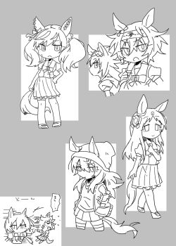 6+girls animal_ears bamboo_memory_(umamusume) beanie beer_hsk bow chibi commentary_request cropped_legs ear_bow ears_through_headwear grass_wonder_(umamusume) greyscale hand_in_pocket hat headband highres horse_ears horse_girl horse_tail jacket kin'iro_ryotei_(umamusume) long_hair low_ponytail monochrome motion_lines multicolored_hair multiple_girls nakayama_festa_(umamusume) nice_nature_(umamusume) oguri_cap_(umamusume) open_clothes open_jacket pleated_skirt ponytail puffy_short_sleeves puffy_sleeves shirt shoes short_sleeves skirt speed_lines streaked_hair sweater_vest t.m._opera_o_(umamusume) tail thighhighs twintails umamusume very_long_hair