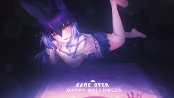 1girl animal_ears barefoot bat_ears bat_girl bat_wings black_background bra breasts brown_eyes brown_hair brown_long-eared_bat_(kemono_friends) cleavage extra_ears gin_bakery grey_hair halloween happy_halloween highres hood hoodie kemono_friends kemono_friends_v_project large_breasts long_hair looking_at_viewer multicolored_hair one_eye_closed skirt solo streaked_hair underwear virtual_youtuber wings