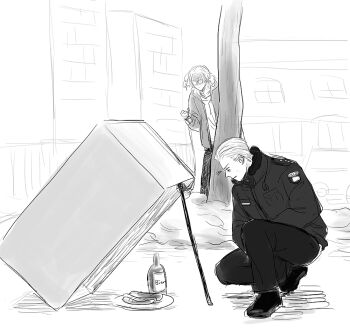 2boys ahoge alcohol axis_powers_hetalia beer bottle box breast_pocket building canada_(hetalia) collarbone commentary_request cowboy_shot day door emblem food fur-trimmed_jacket fur_trim germany_(hetalia) glasses greyscale hand_up hood hooded_jacket jacket long_sleeves looking_at_food looking_down male_focus monochrome mooyooo multiple_boys open_mouth outdoors pants plate pocket police police_uniform policeman puffy_long_sleeves puffy_sleeves sausage shirt shoes short_hair snow sparkle squatting stairs standing sweatdrop t-shirt teeth tree v-shaped_eyebrows window winter