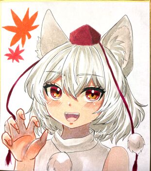 Rule 34 | 1girl, :d, absurdres, animal ear fluff, animal ears, blush, claw pose, commentary request, grey hair, hair between eyes, hat, highres, inubashiri momiji, mitsu~, open mouth, pink nails, pom pom (clothes), portrait, red hat, single claw pose, smile, solo, teeth, tokin hat, touhou, upper teeth only, wolf ears, wolf girl